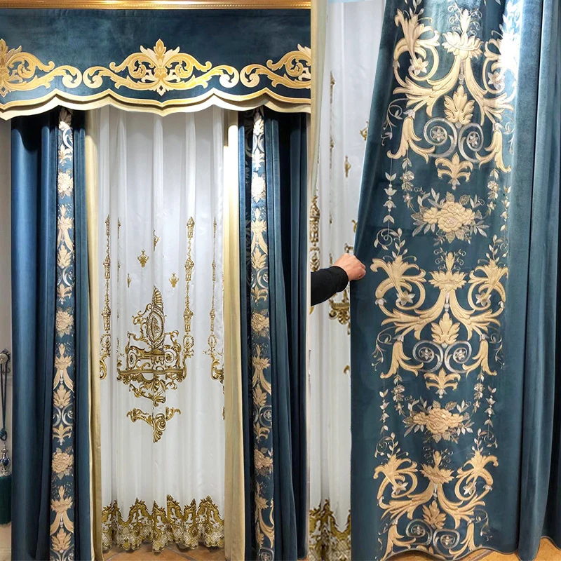 

Пользовательские новые американские роскошные фланелевые занавески для гостиной виллы синие бархатные тканевые затемняющие занавески Тюль балдахин драпировка C1156