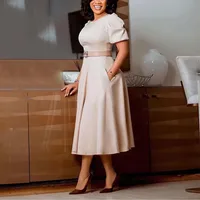 Elegant Office Dress for Women Professional O Neck Short Sleeve Belt Waisted A Line Mid Calf Formal Business Work Dress Midi New