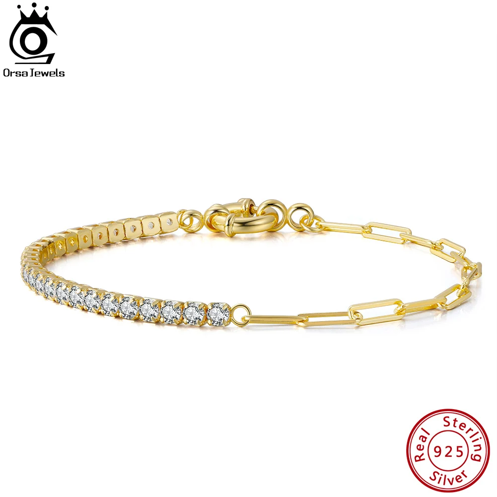 

ORSA JEWELS 14K Gold Plated 925 Sterling Silver Handmade Paperclip Chains with Cubic Zirconia Tennis Bracelet For Women SB119