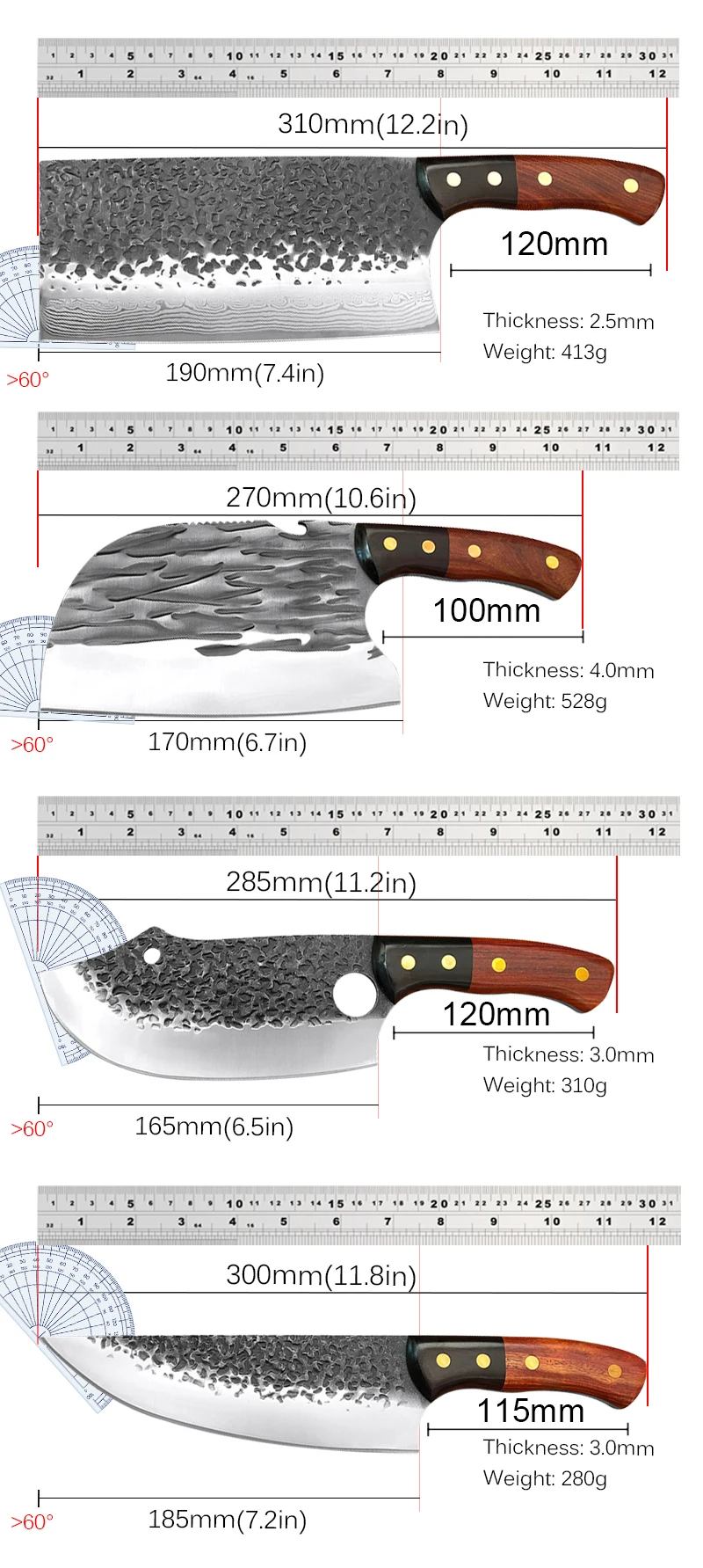 Forged Slicing Knife Butcher Meat Cleaver Stainless Steel Hammer Pattern Kitchen Chef Knife Slaughtering Chopping Knives BBQ