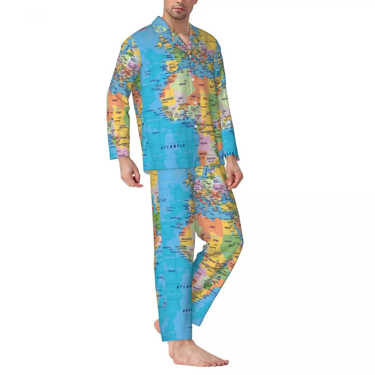 

Earth Map Sleepwear Autumn World Maps Print Casual Loose Oversize Pajama Sets Men Long-Sleeve Soft Leisure Printed Nightwear