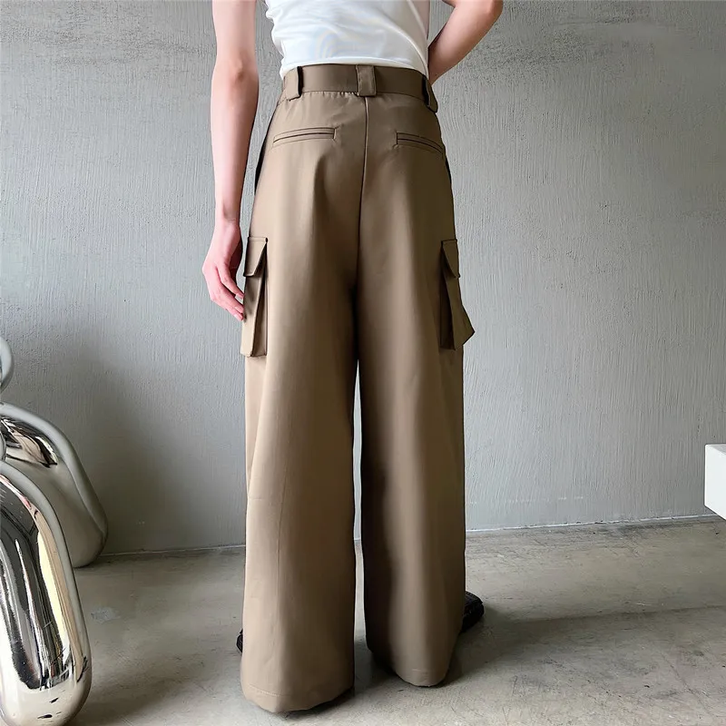 Men's Casual Wide Leg Trousers Korean Style New High Waist Metal Piece Pocket Decoration Fashionable Pants Plus Size S-XL