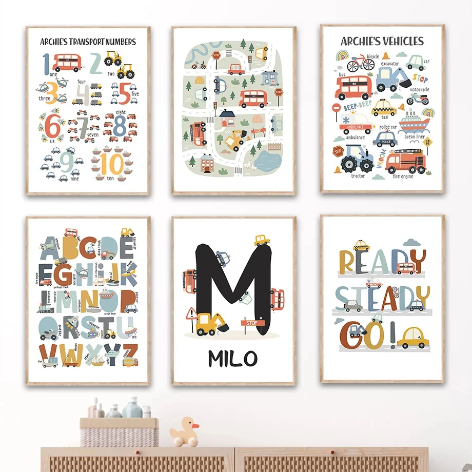 

Nursery Wall Art Canvas Painting, Nordic Posters and Prints, Pictures for Boys, Room Decor, Car Bus, Tractor, Traffic, Alphabet,