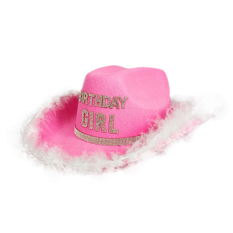 Birthday Girls Pink Raw Edge Furry Cowboy Hat White black Birthday crown Party Top hats Cute festival stage performance caps