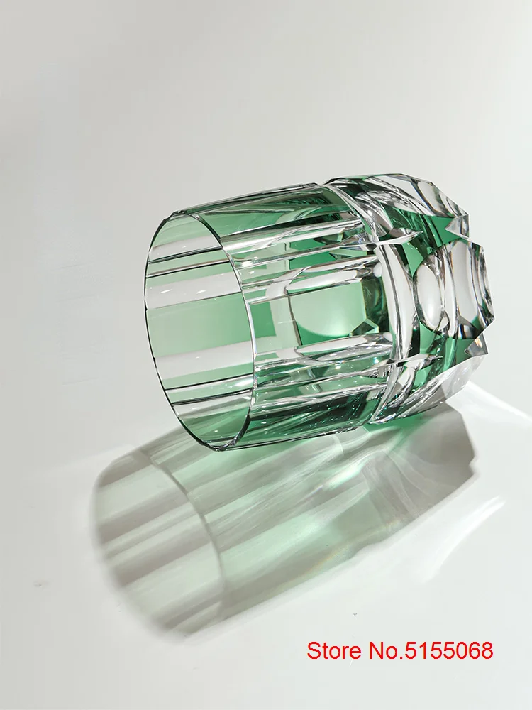 Edo Kiriko Crystal Rock Glass Hand Carving Green Bamboo Liquor Wine Tumbler Top Grade Whiskey Cup Japan Style KAGAMI Design