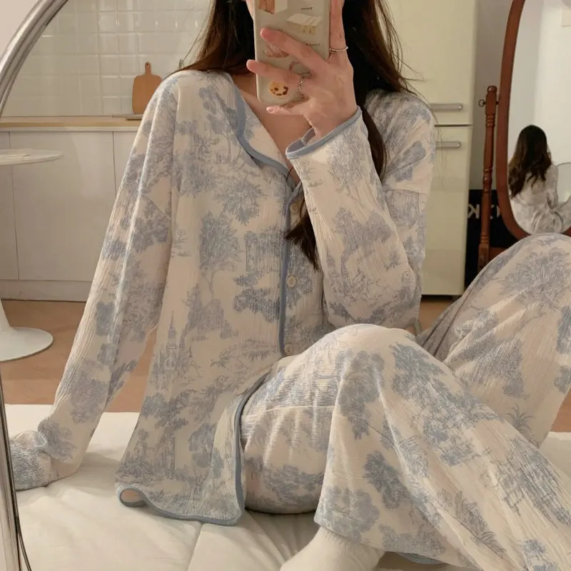 

2023 new pajama women's spring and autumn cotton long-sleeved large size can be worn out, high-end homewear set
