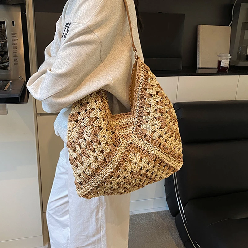 Women Weaving Clutches Top-handle Bag Large  Portable Shoulder Bag Summer Beach Purses Shopper Satchel Female Tote Bags