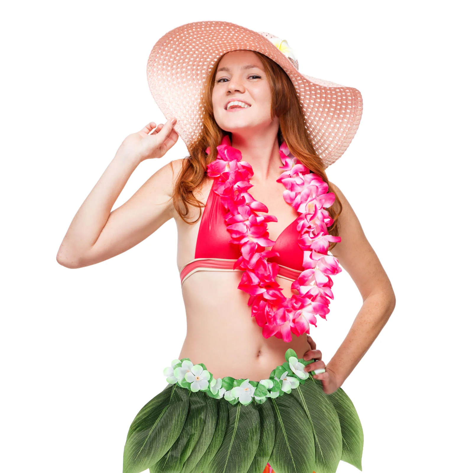 Hula Skirt Hawaiian Leaf Skirt Green Grass with Artificial Flowers for Beach Luau Party Supplies