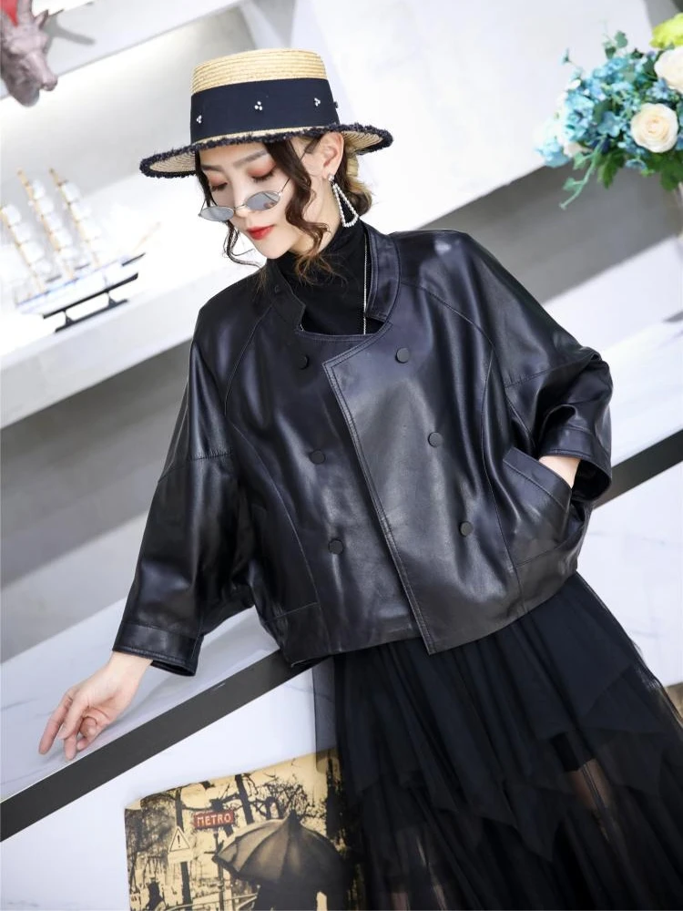 Women's Batwing Sleeve Sheepskin Outerwear, Short Version, Loose Fashion Jacket, Spring and Autumn Coat, Red Tops