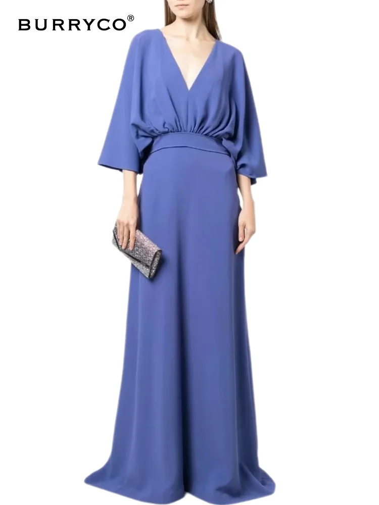 

BURRYCO Autumn 2023 Women's New Bat Sleeve V-Neck Blue Elegant Luxury Dress