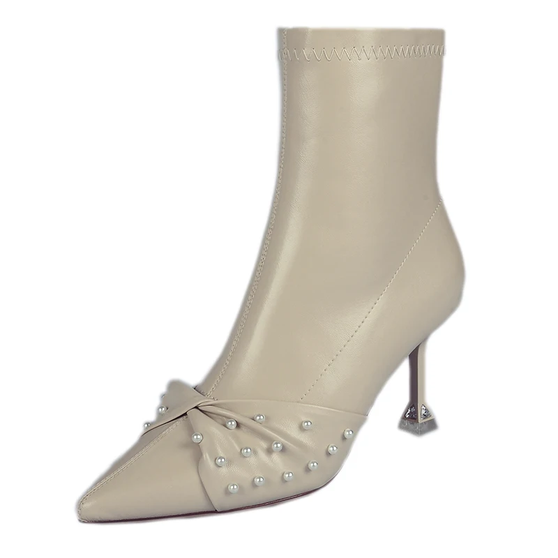 Fashion French Pointed Elastic Short Boots Fall/Winter 2023 New Pure Color Pearl Bow Side Zipper Stiletto High Heel Thin Boots