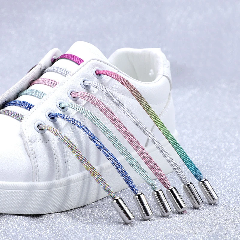 

Free Golden Silver Colorful Stretch Shoelace Lazy Tie-Free Metal Capsule Buckle Elastic Adult Gold and Silver Silk