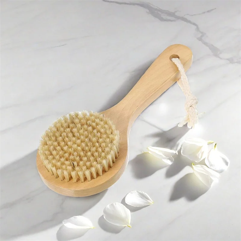 Dry Bath Body Brush Back Scrubber Short Handle Bath Shower Brush With Anti-Slip Wooden Handle Round Head Scrubbing Brush 4