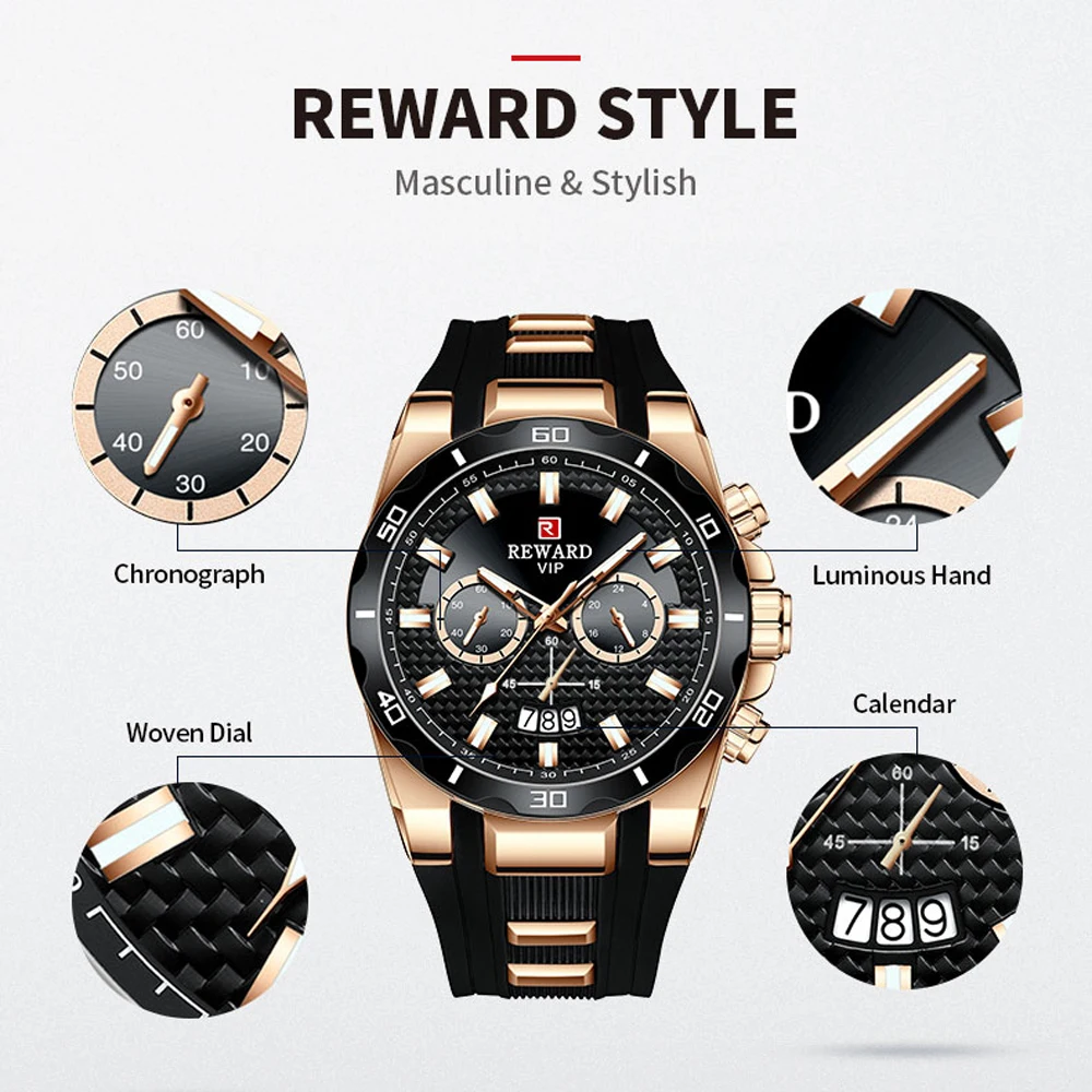 REWARD Chronograph Quartz Watch for Men Luxury Brand Big Dial Military Sport Wristwatch Waterproof Silicone Strap Male Clock 6