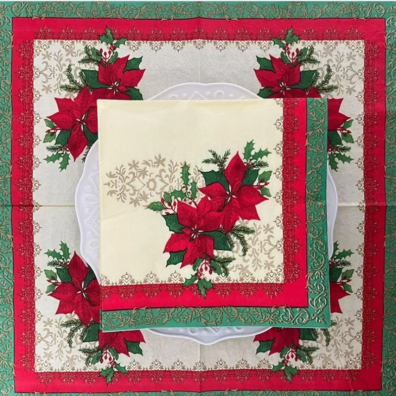 10/20pcs 2Ply 33cm Christmas Napkins Red Christmas Flowers Printed Paper Napkins Disposable Placemats Colourful Printed