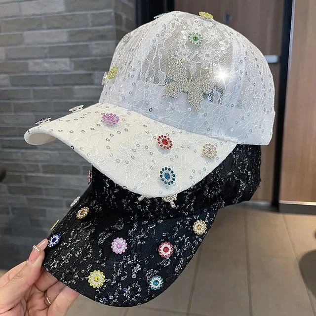 Summer Lace Sequins Baseball Caps Breathable Mesh Floral Hat Gorras Women's  Cap Snapback Hip Hop Fashion Female Visor Cap Bones