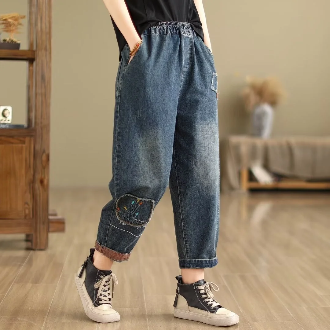 

Женские весенние винтажные джинсы в японском стиле, джинсовые брюки-султанки в стиле девушки из леса с эластичным поясом, женская одежда