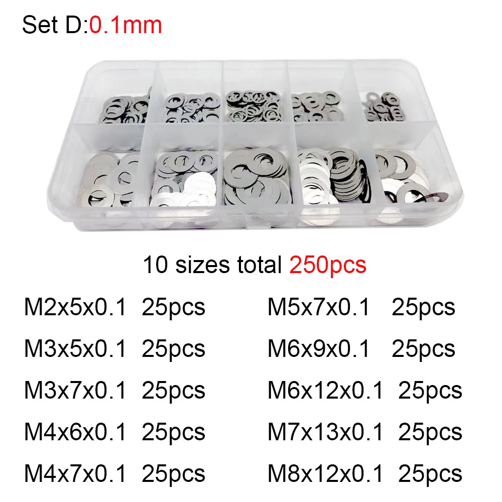 304 Stainless Steel Ultra Thin Washer Set 250x 0.1/0.2/0.3mm M2 M3 M4 M5 M6 M7 M8