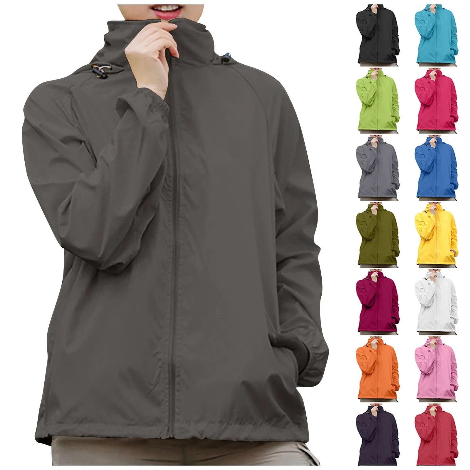 Fashionable solid-colored hooded waterproof windbreaker jacket for outdoor sports, climbing, and casual wear.