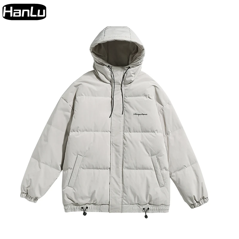 Men's Winter New Jacket Black Hooded Zipper Coat Couple Fashion Casual Loose Thick Warm Elastic Drawstring Cotton Coat