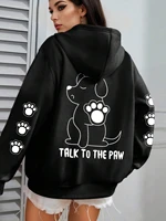 Talk To The Paw Funny Dog Cartoon Print Hoodie Women Warm Fleece Hoody Fashion Casual Hooded Autumn Loose Round Neck Woman Tops - Image 3