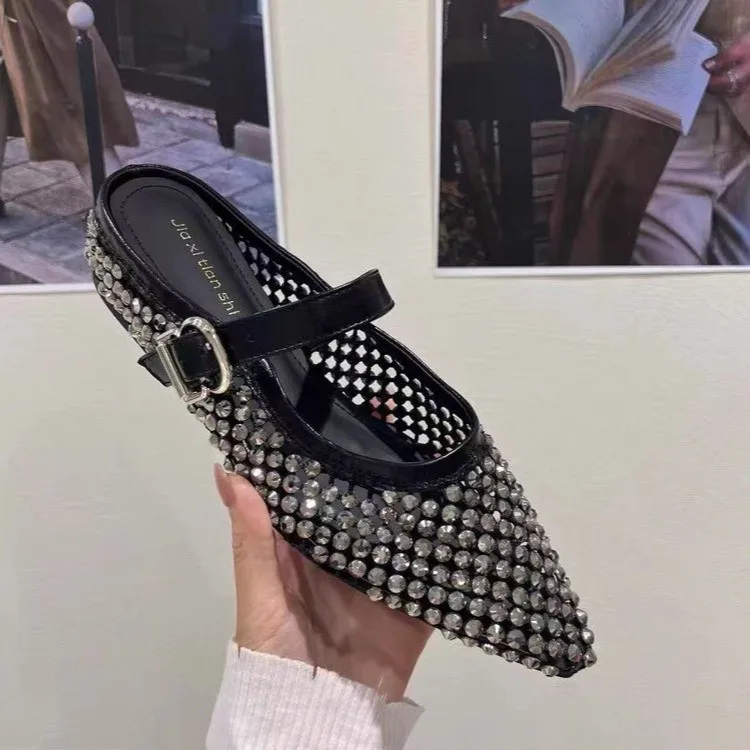Women Slippers  New Rhinestone Leisure Slipper Retro Pointed Toe Metal Buckle Fashion Half Slipper Sandalias De Mujer
