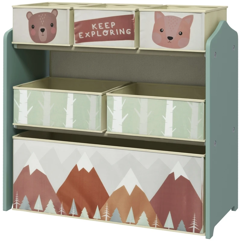 Armoire pour enfants avec 6 boîtes en tissu, motif mignon, 63x30x66 cm, rangement pour vêtements vert 1