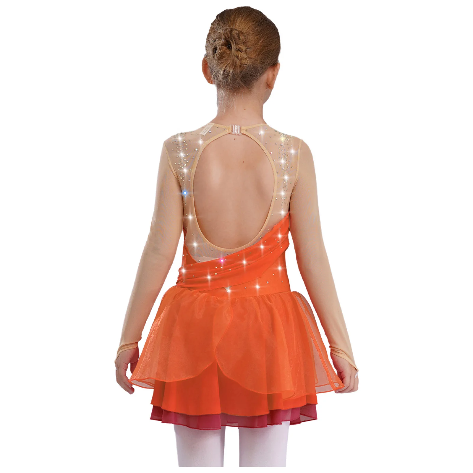Kinder Mädchen Eiskunstlauf Performance Kostüm Glänzende Strasssteine Lyrisches Tanzkleid Sheer Mesh Long Sleeves Cutout Back Kleider – Detail 3