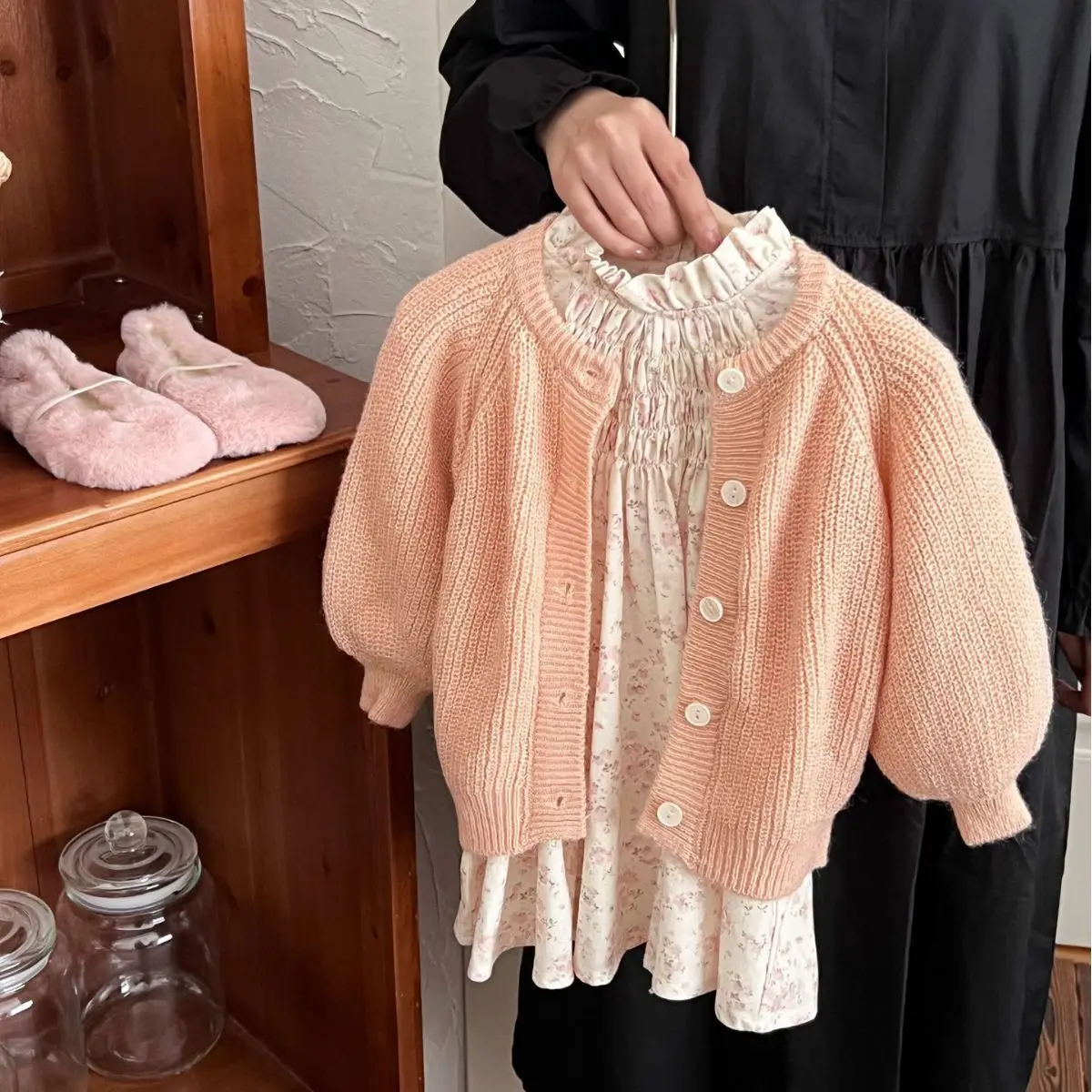 

Coats 2023 Korean Autumn New Children Clothing Sweet Flowers Girl Baby Retro Knitting Striped Button Single Row Warm