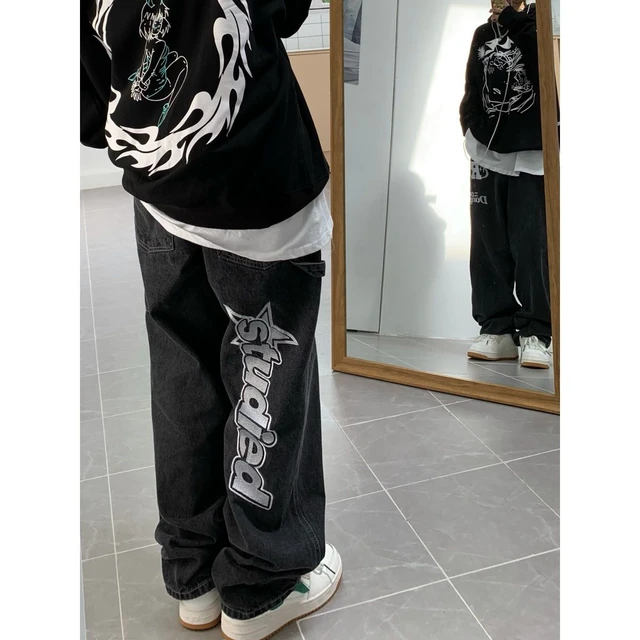 Carta Star Print Calça Jeans De Cintura Baixa Reta Baggy Roupas Cyber Y2k  Homens Coreano Streetwear Moda Hip Hop Estilo Combina Com Tudo Casual Longa  Larga - Escorrega o Preço