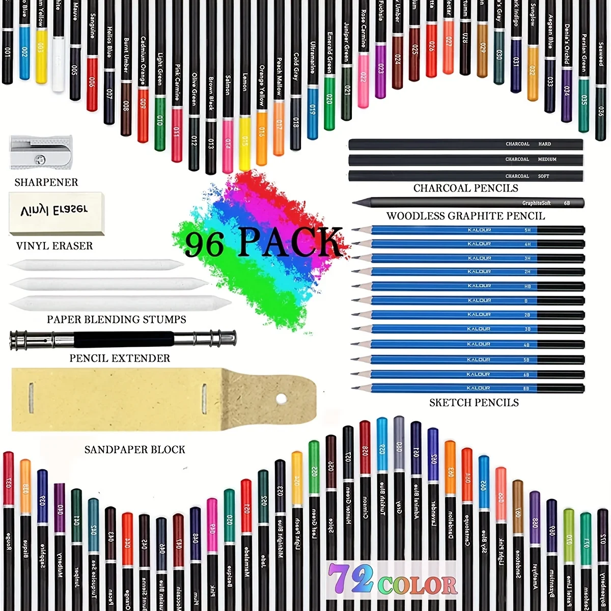 96Pack Drawing Sketching Coloring Set,Include 72Professional Soft Core Colored Pencils,Sketch & Charcoal Pencils,Sketchbook,Art