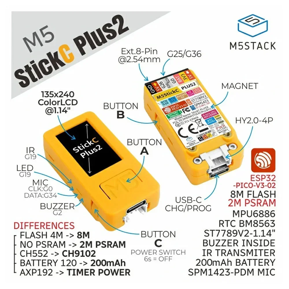 IoT Development Kit Original M5StickC PLUS2 ESP32 Mini IoT Development Kit WiFi IR 1.14-inch TFT Screen IoT Controller ESP32-PICO-V3-02 chip