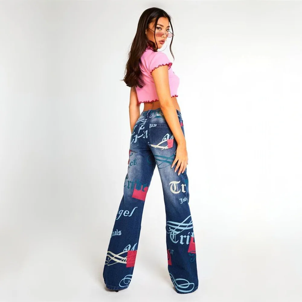 Y2K Print Denim Pants Women Casual Jaded High Street Female Jeans 2022 London Loose Trousers Women Low Rise Straight Jeans straight jeans