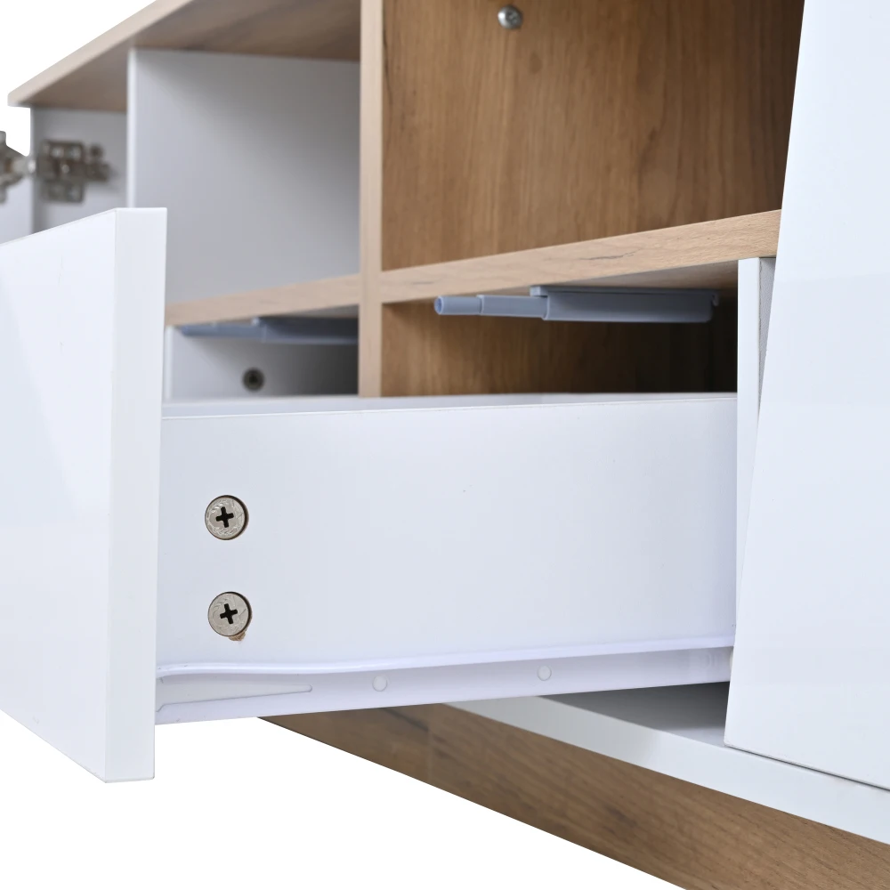 180 x 40 x 46 cm großer TV-Schrank mit 2 Schubladen und LED, Hochglanz-Lowboard und TV-Tisch, geeignet für 75-Zoll-Fernseher, Weiß + Holzfarbspleiß – Detail 20