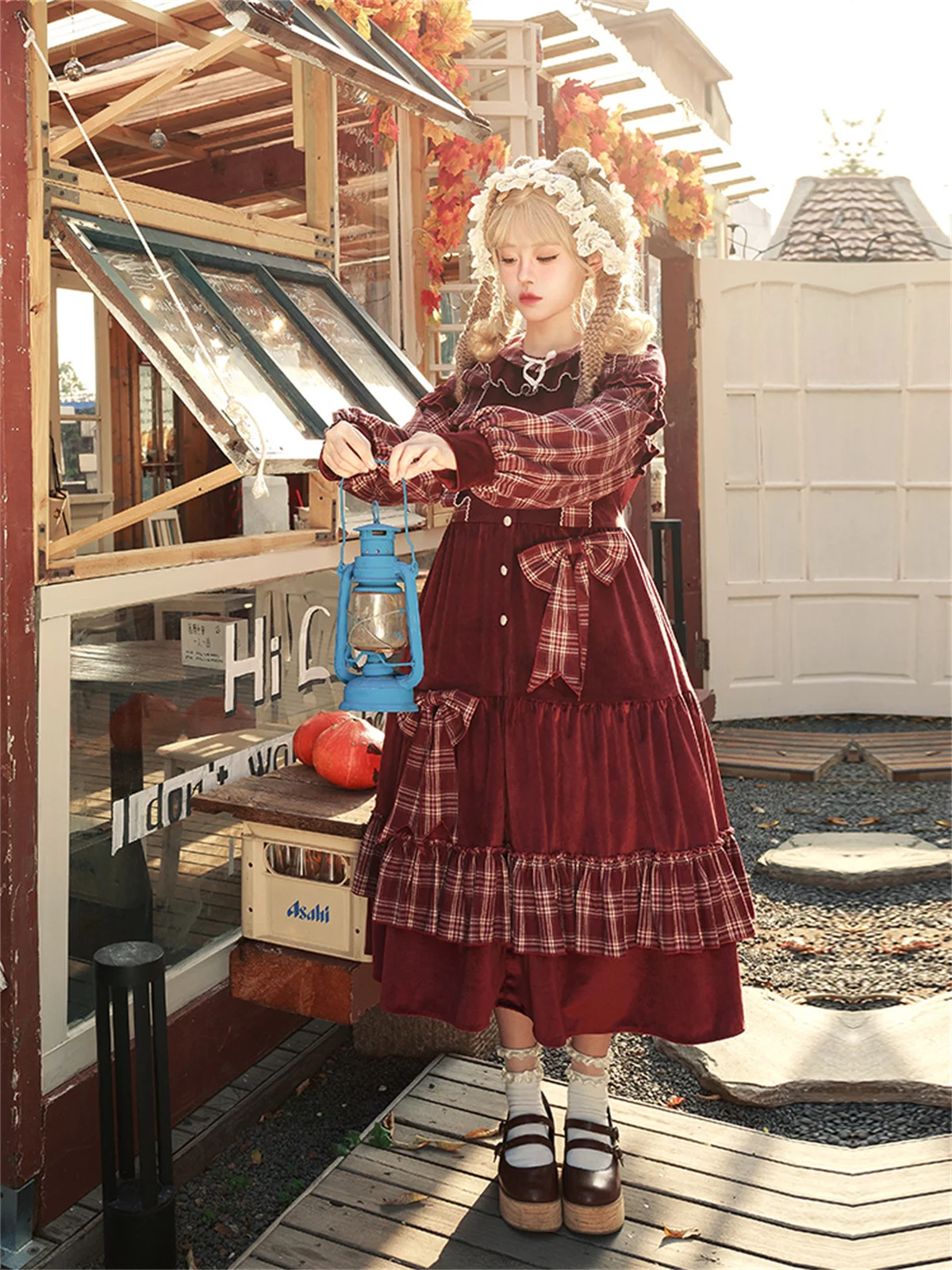 French Vintage Cosplay Lolita Girls Christmas Sweet Grid Ribbon Bowknot Puff Sleeve Peter Pan Collar Button Dress