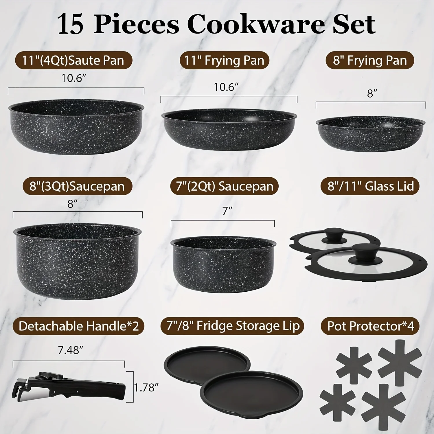 15pcs Pots And Pans Set Non Stick Cookware Sets With Detachable Handle RV Kitchen Cooking Set