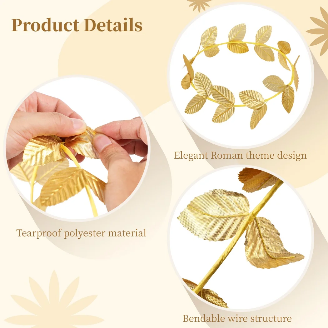 12Pcs Roman Laurel Headbands Gold Leaf Headpieces Greek Crown Roman Wreaths Goddess Headdresses Toga Headwears For Costume Party