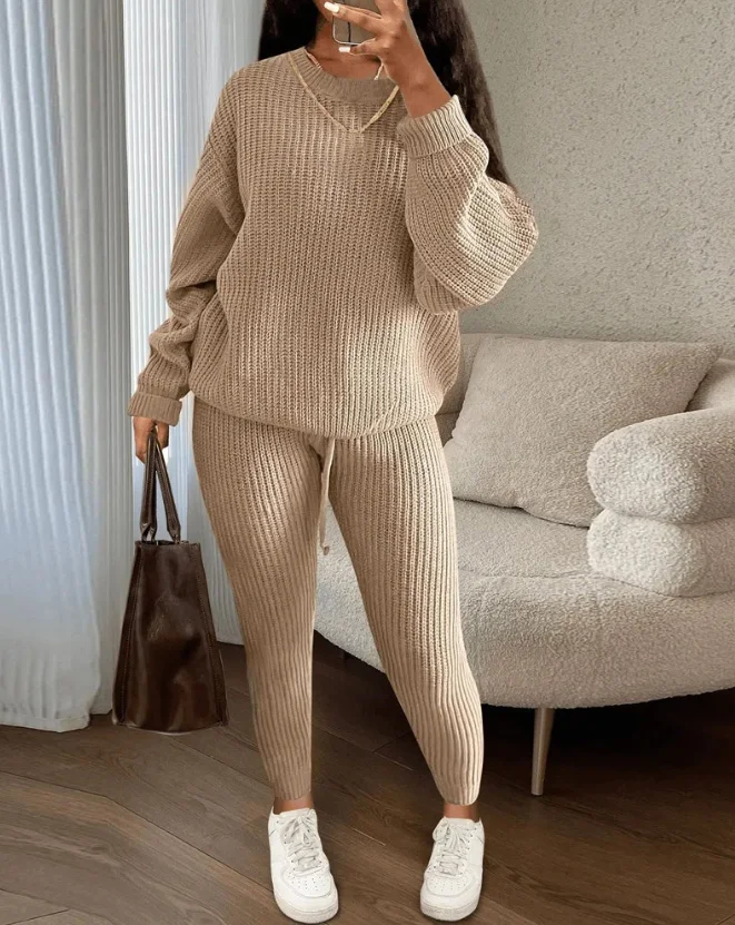 Two Piece Set Women Outfit 2024 Spring Fashion Round Neck Plain Long Sleeve Knit Top & Casual Drawstring Daily Long Pants Set