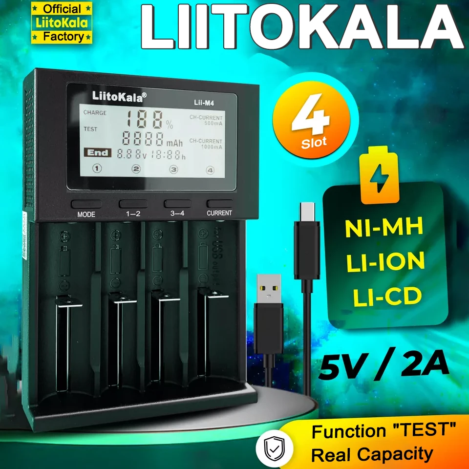 Battery Charger Adapter LiitoKala Lii-M4 4-Slot Charger with LCD Capacity Test 21700/18650/26650 Charge 1.2V AA/AAA USB Output Slot 4 CE/FCC/RoHS