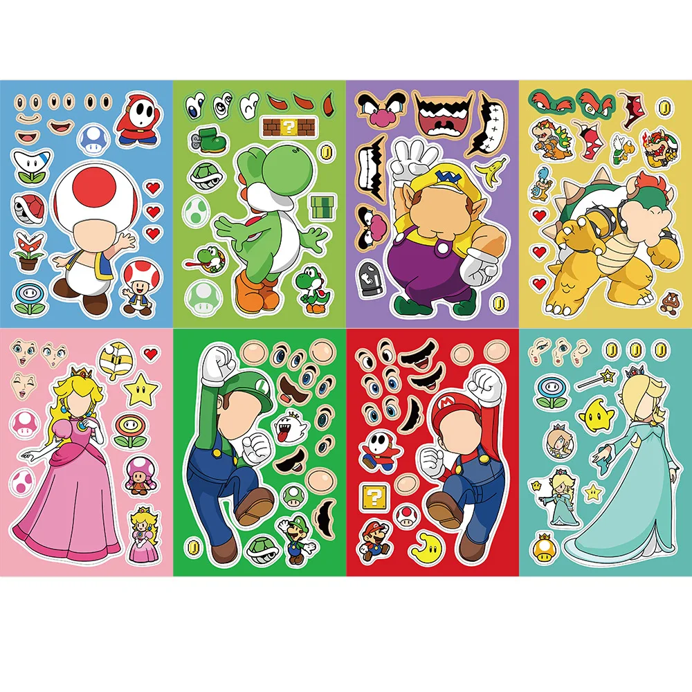8 Sheets Anime Super Mario Bros Puzzle Stickers Game Kawaii Make A Face Stickers Cute Cartoon DIY Funny Sticker Toy Kids Gift 2