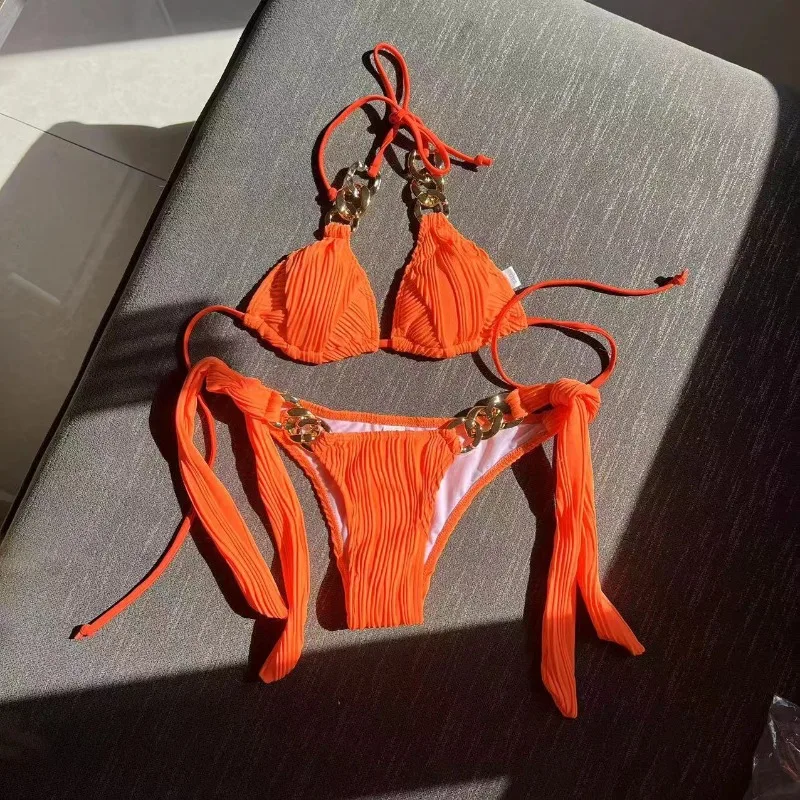 Women's 2 Piece Chain Linked Halter Triangle Tie Side Bikini Sets Swimsuit Beachwear