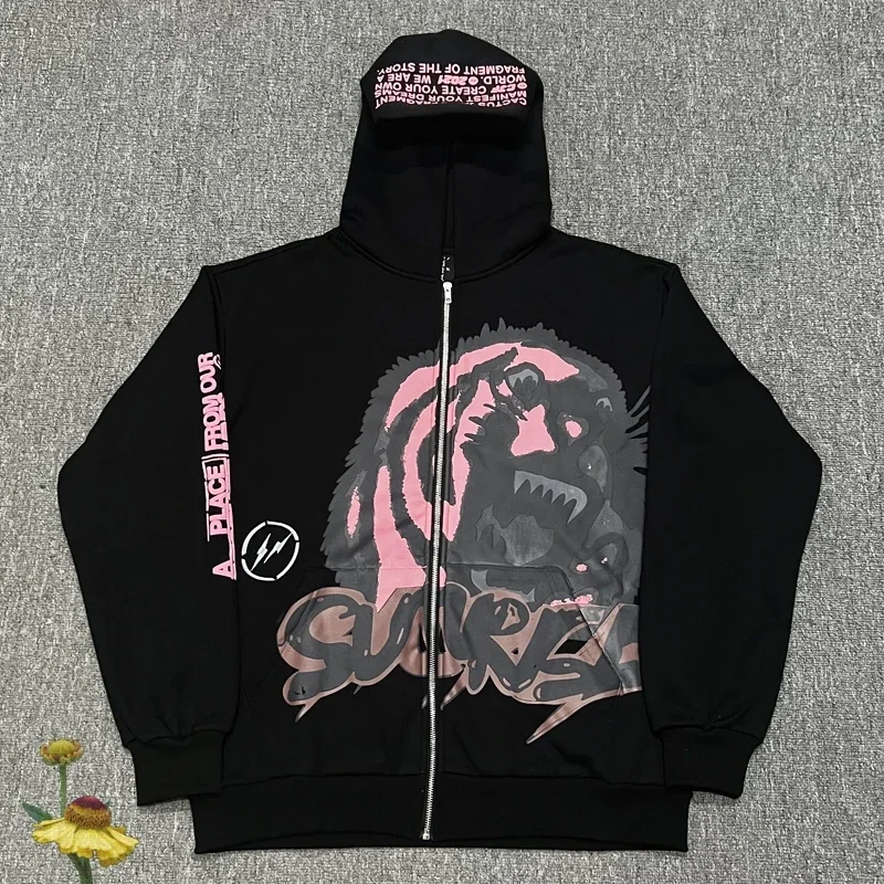 BlackFleeceCactusJackZipUpHoodiesHighStreetHipHopPinkPrint