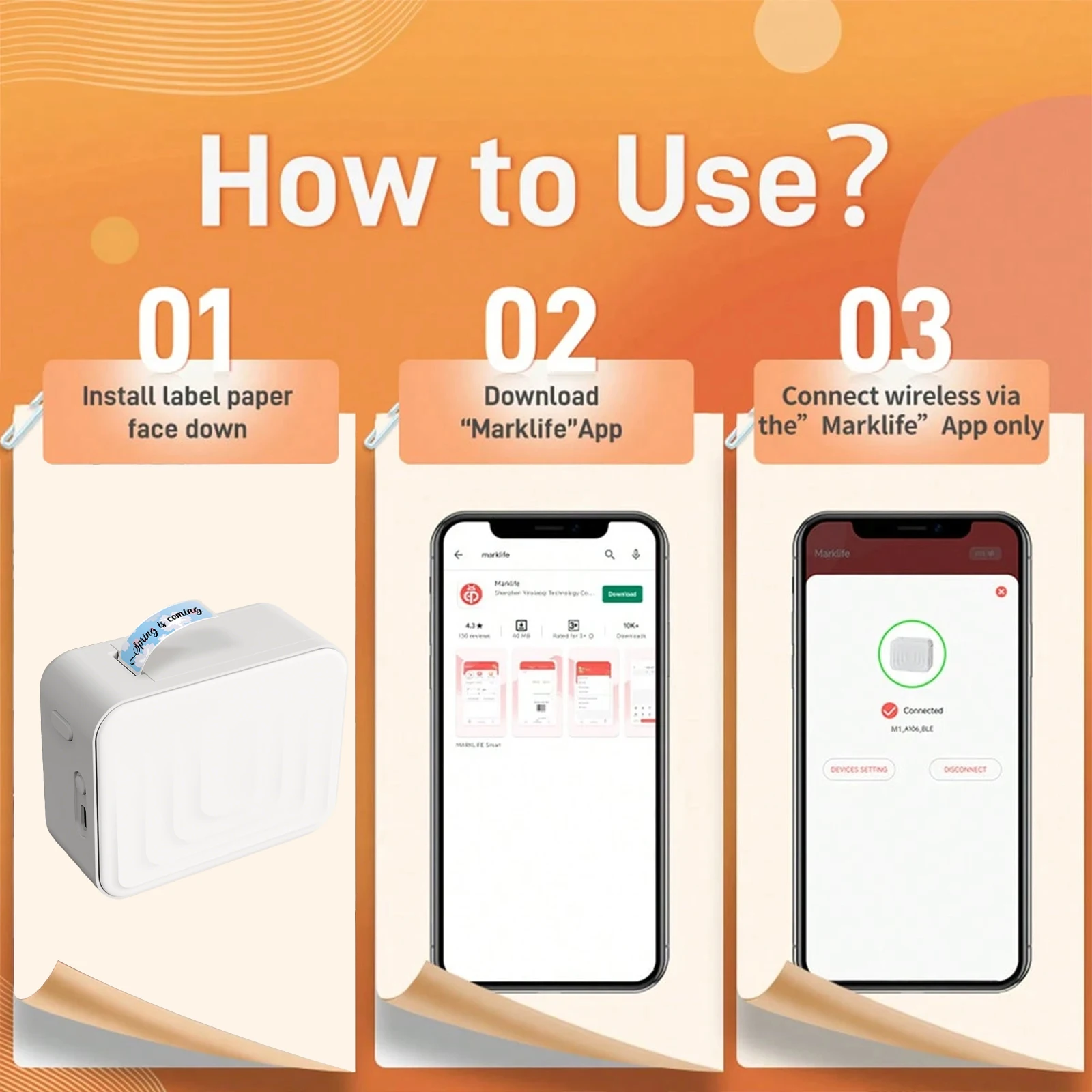 Marklife M1 Mini Self-adhesive Label Printer Portable Thermal Printer Inkless Bluetooth Labeling Machine Stickers Labels Maker