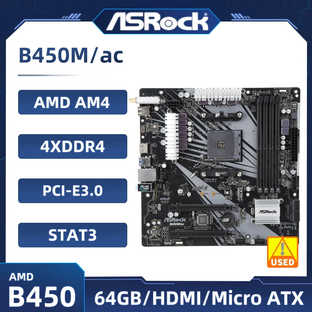 ASRock B450M Motherboard B450M/ac Motherboard Socket AM4 Ryzen 5 5600G 5300G 5700 3900 1500 cpus DDR4 128GB Micro ATX  M.2