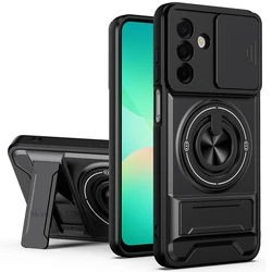 Shockproof Armor Case with Slide Lens Protector and Ring Holder for Samsung A17 4G 5G (Black)