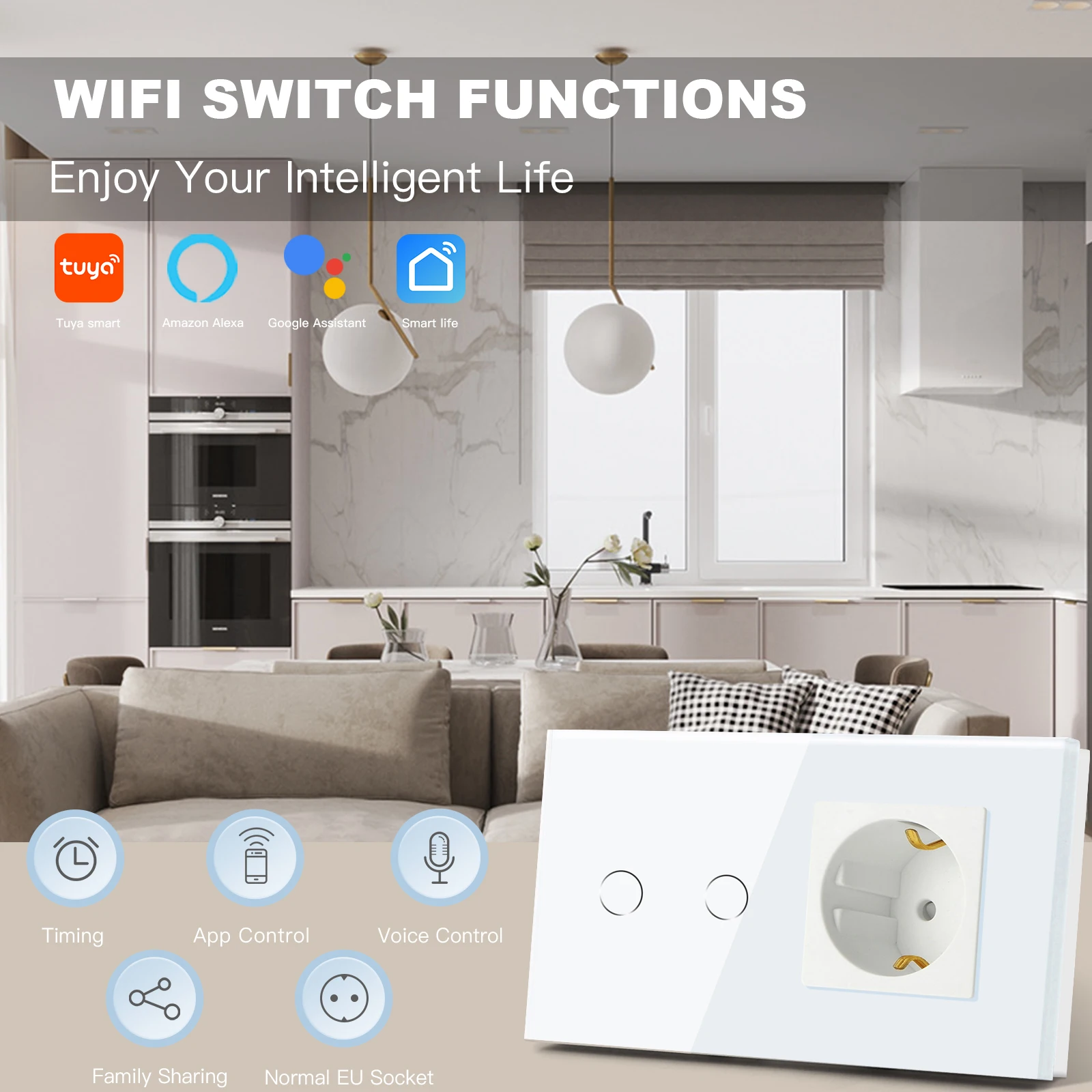 BSEED  Wifi 1/2/3Gang Smart Touch Switches 1/2/3Way Wall Light Switches Tuya Smart Life App Control Plus Sockets EU Standard