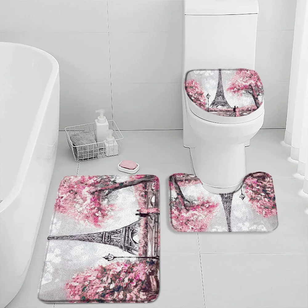 

Paris Eiffel Tower Oil Painting Bath Mat Set Romantic Lover Cityscape Bathroom Decor Bathtub Rugs Home Carpet Toilet Lid Cover