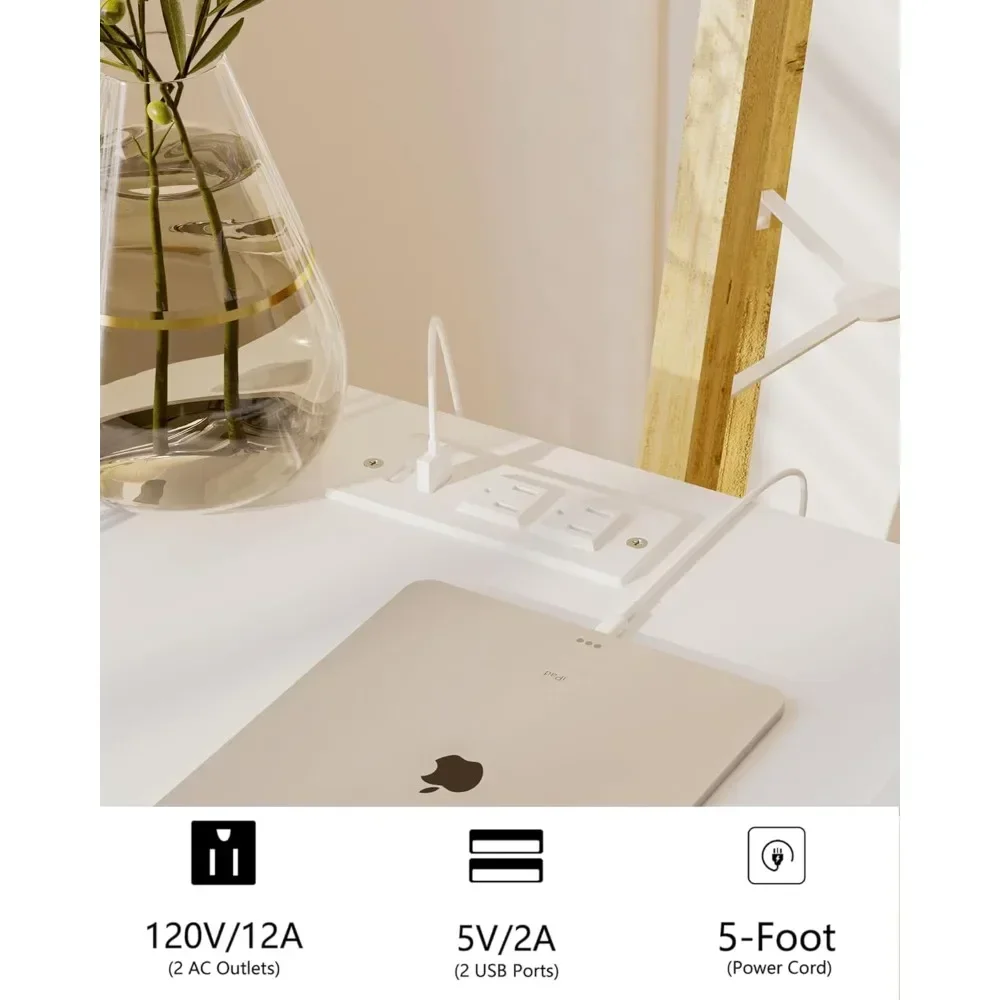 White Nightstand with Outlet,Modern Bedside Table with Storage Drawer and Open Wood Shelf, for Living Room, Bedroom and Small Sp