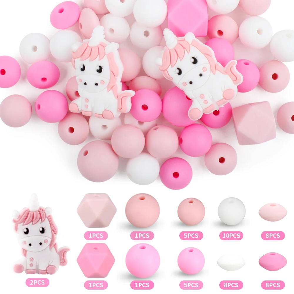 

50Pcs/Set Silicone Beads Baby Unicorn Teething Beads Sets Teether For Making Jewelry Necklaces Pacifier Chian Set Accessories