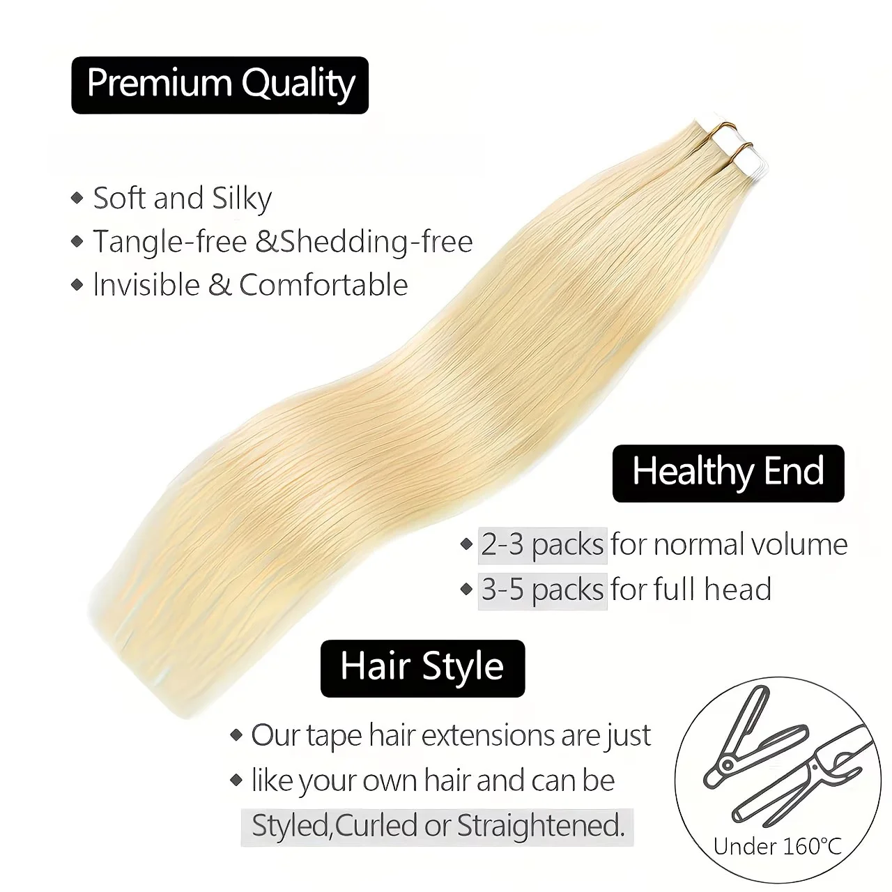 인모 20개/50g 인모 금발 613 테이프 인 헤어 익스텐션 - 스트레이트 금발(613) 색상, 자연스러운 무형 테이프